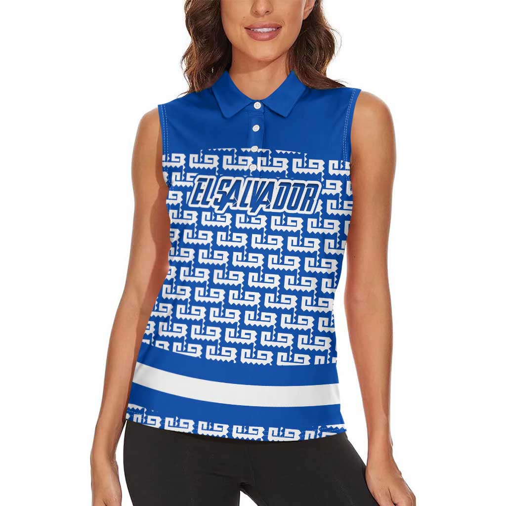 El Salvador Tribal Pattern Women Sleeveless Polo Shirt with National Coat of Arms and Blue White Theme - Wonder Print Shop