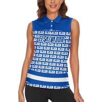 El Salvador Tribal Pattern Women Sleeveless Polo Shirt with National Coat of Arms and Blue White Theme - Wonder Print Shop