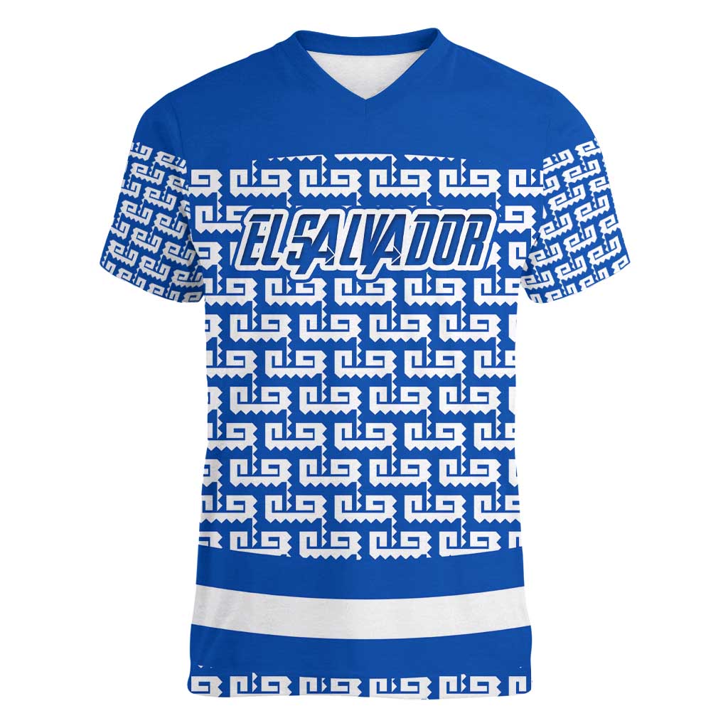 El Salvador Tribal Pattern Women V-Neck T-Shirt with National Coat of Arms and Blue White Theme - Wonder Print Shop