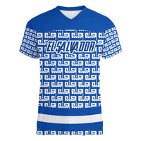 El Salvador Tribal Pattern Women V-Neck T-Shirt with National Coat of Arms and Blue White Theme - Wonder Print Shop