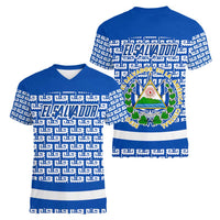 El Salvador Tribal Pattern Women V-Neck T-Shirt with National Coat of Arms and Blue White Theme - Wonder Print Shop