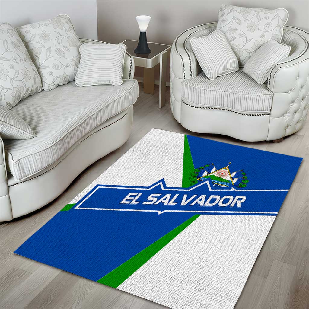 El Salvador Flag Crest Area Rug with Blue Green Stripes and Bold Letter Design - Wonder Print Shop