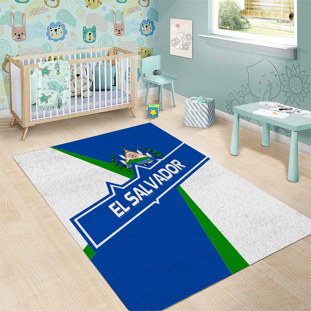 El Salvador Flag Crest Area Rug with Blue Green Stripes and Bold Letter Design - Wonder Print Shop