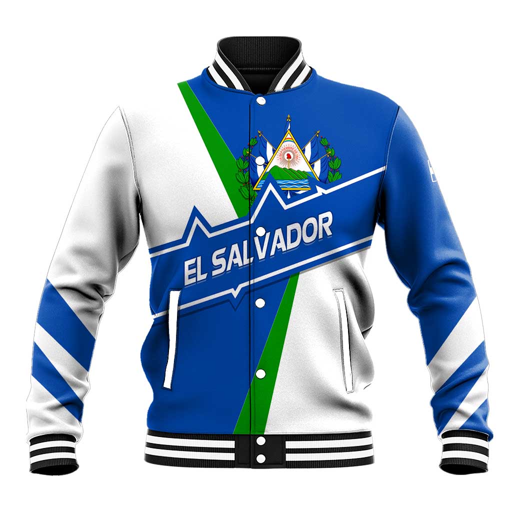 El Salvador Flag Crest Baseball Jacket with Blue Green Stripes and Bold Letter Design - Wonder Print Shop