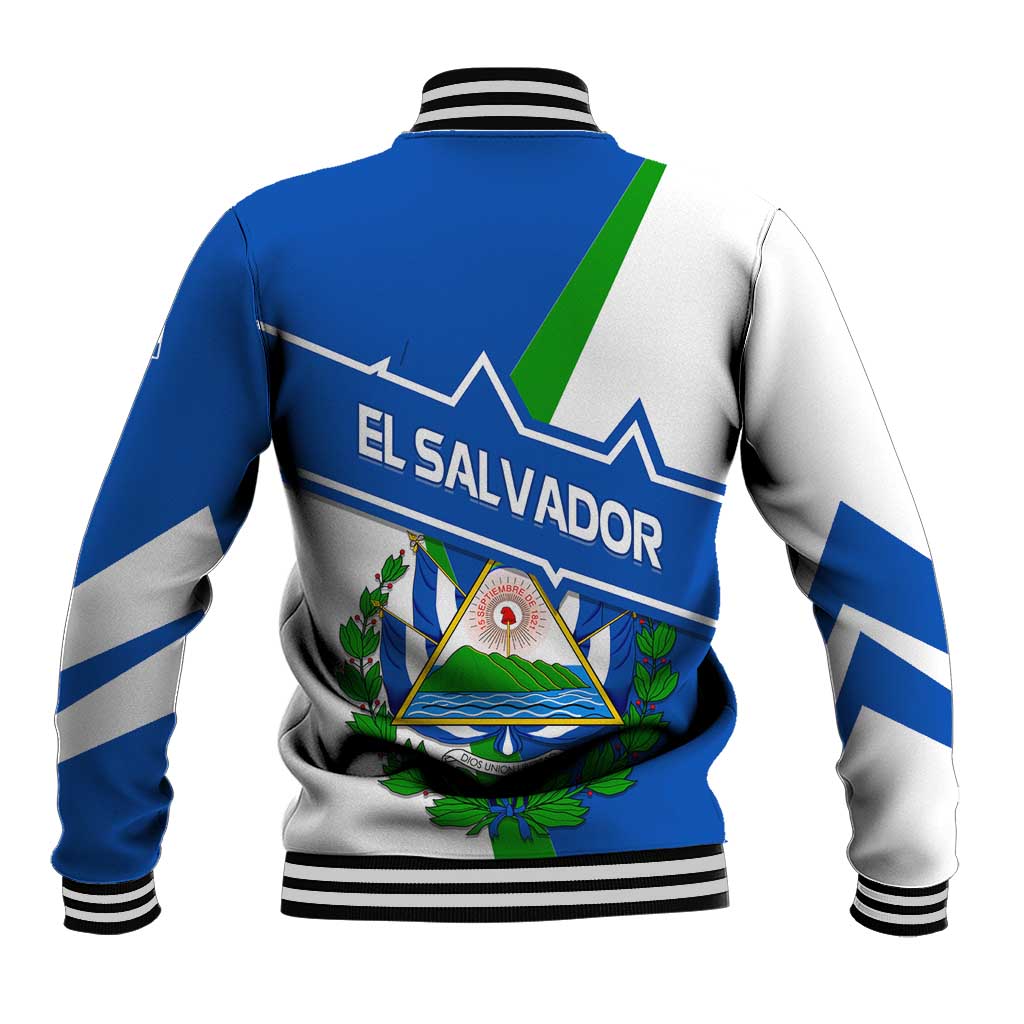 El Salvador Flag Crest Baseball Jacket with Blue Green Stripes and Bold Letter Design - Wonder Print Shop