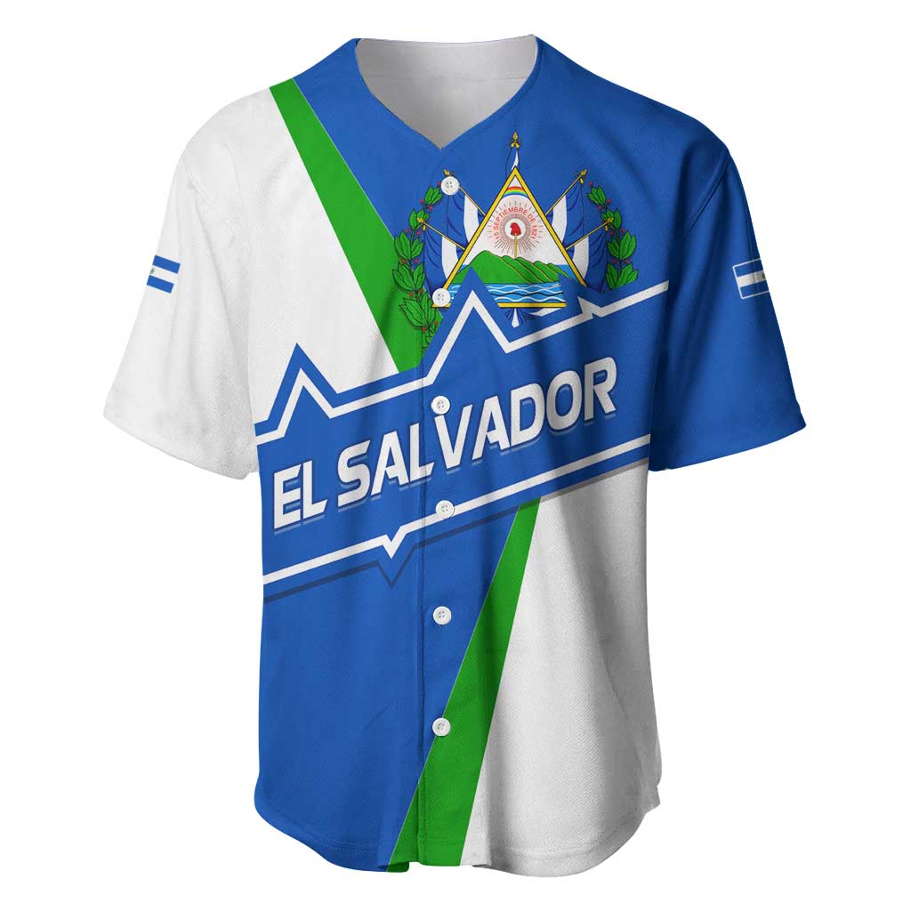 El Salvador Flag Crest Baseball Jersey with Blue Green Stripes and Bold Letter Design - Wonder Print Shop