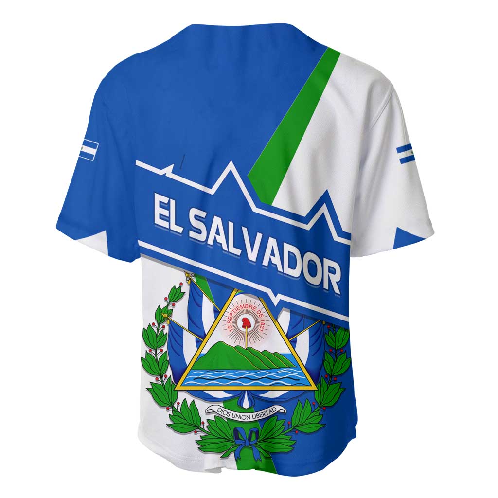 El Salvador Flag Crest Baseball Jersey with Blue Green Stripes and Bold Letter Design - Wonder Print Shop