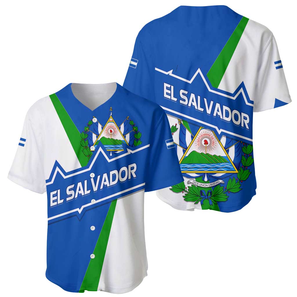 El Salvador Flag Crest Baseball Jersey with Blue Green Stripes and Bold Letter Design - Wonder Print Shop