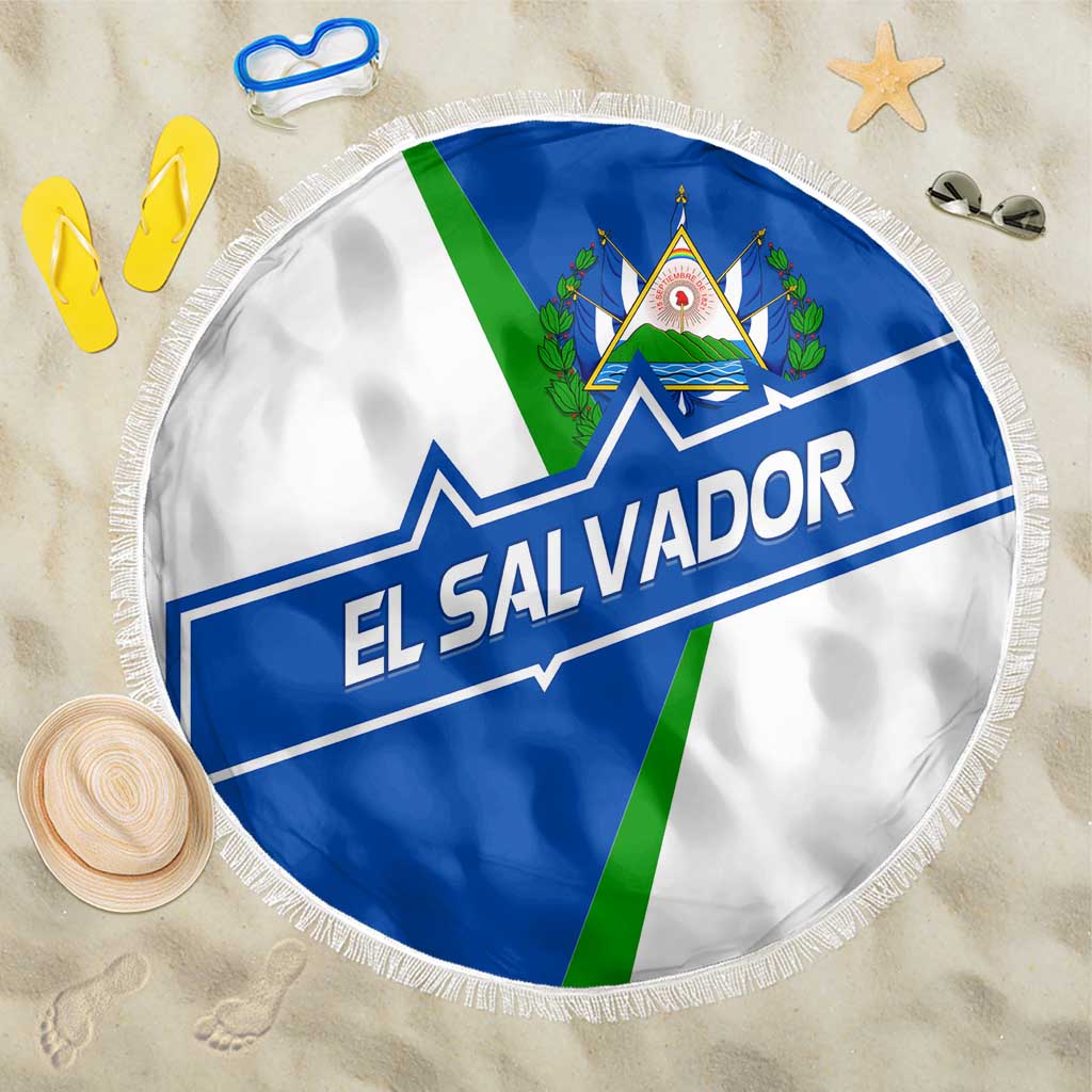 El Salvador Flag Crest Beach Blanket with Blue Green Stripes and Bold Letter Design - Wonder Print Shop