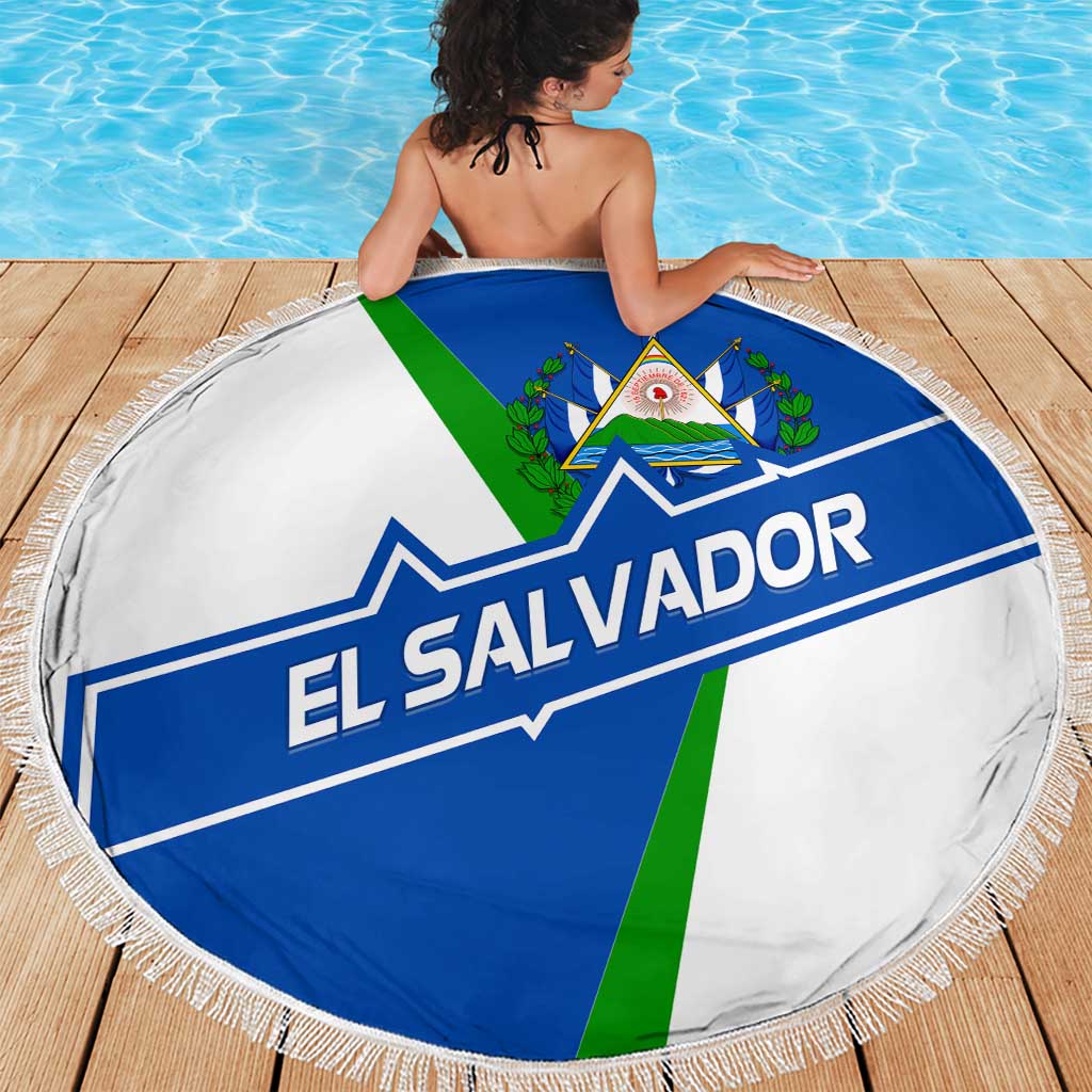 El Salvador Flag Crest Beach Blanket with Blue Green Stripes and Bold Letter Design - Wonder Print Shop