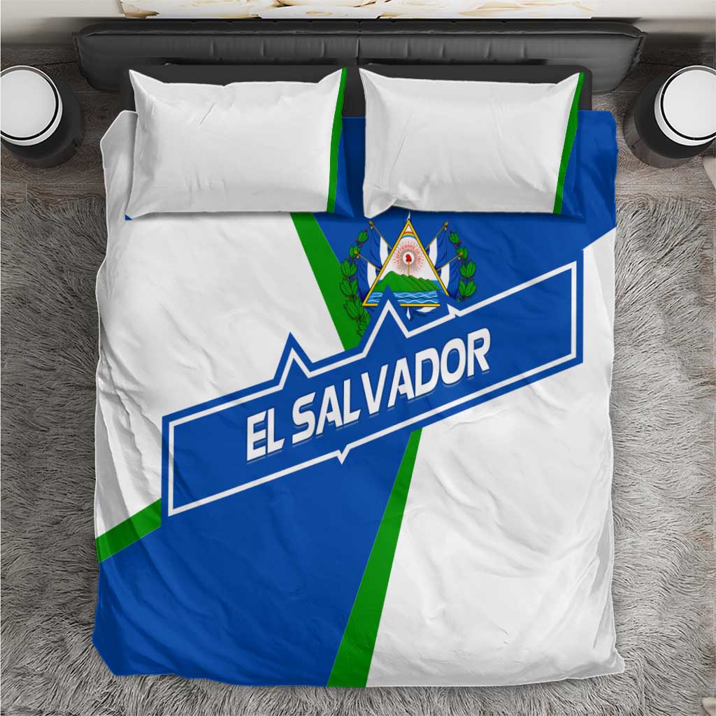 El Salvador Flag Crest Bedding Set with Blue Green Stripes and Bold Letter Design - Wonder Print Shop