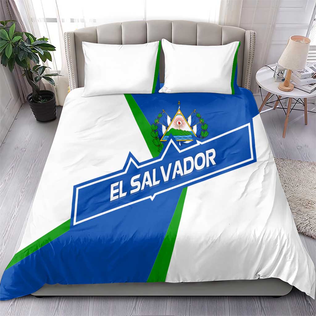 El Salvador Flag Crest Bedding Set with Blue Green Stripes and Bold Letter Design - Wonder Print Shop