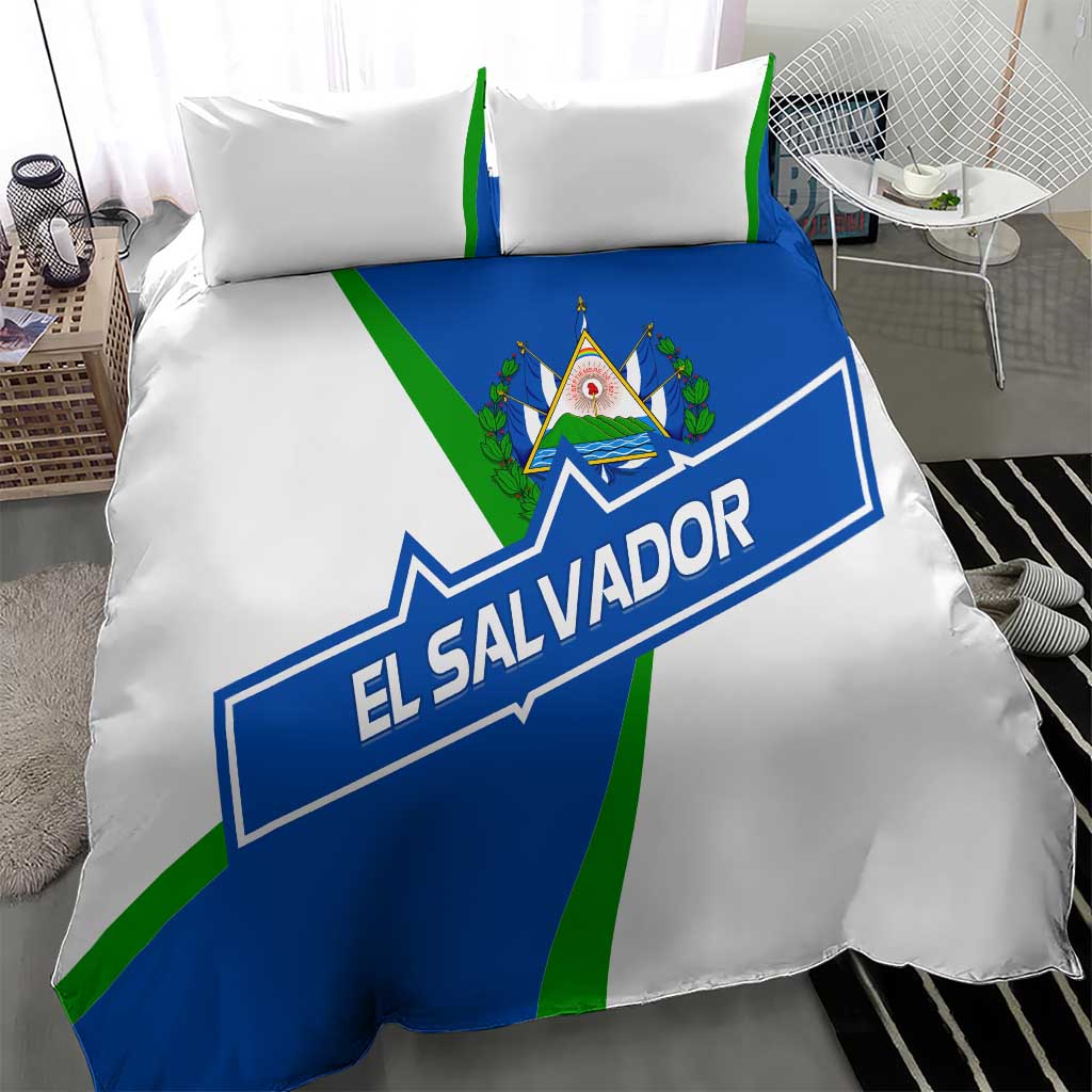 El Salvador Flag Crest Bedding Set with Blue Green Stripes and Bold Letter Design - Wonder Print Shop