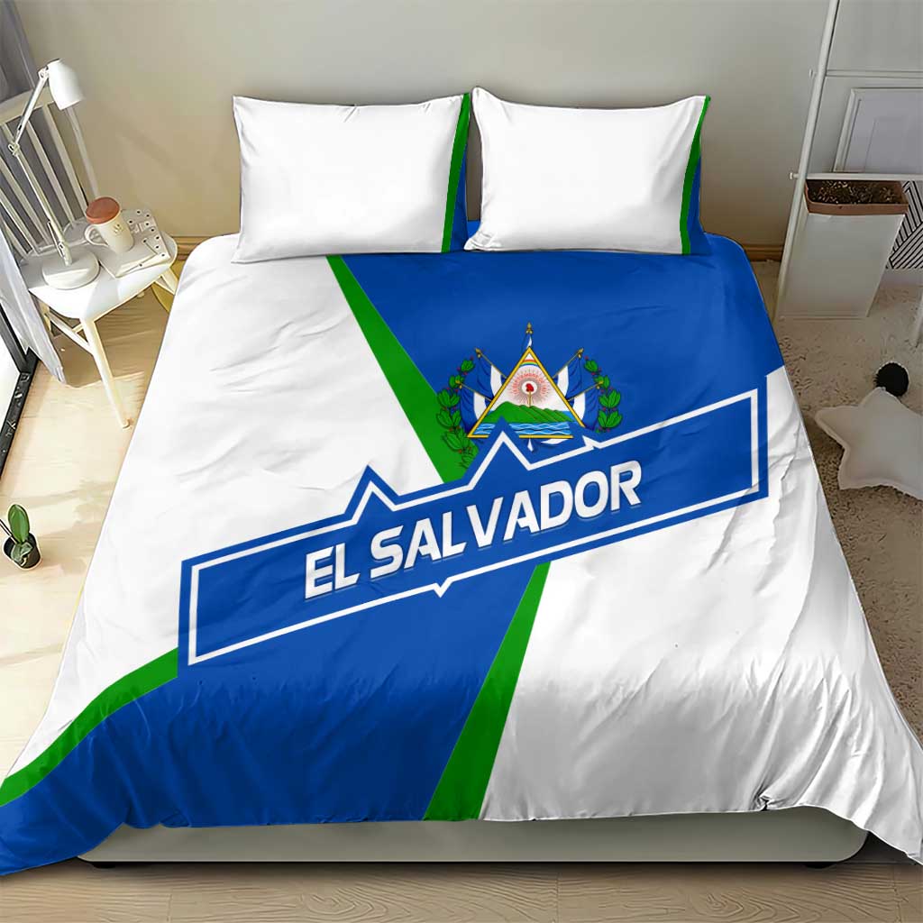 El Salvador Flag Crest Bedding Set with Blue Green Stripes and Bold Letter Design - Wonder Print Shop