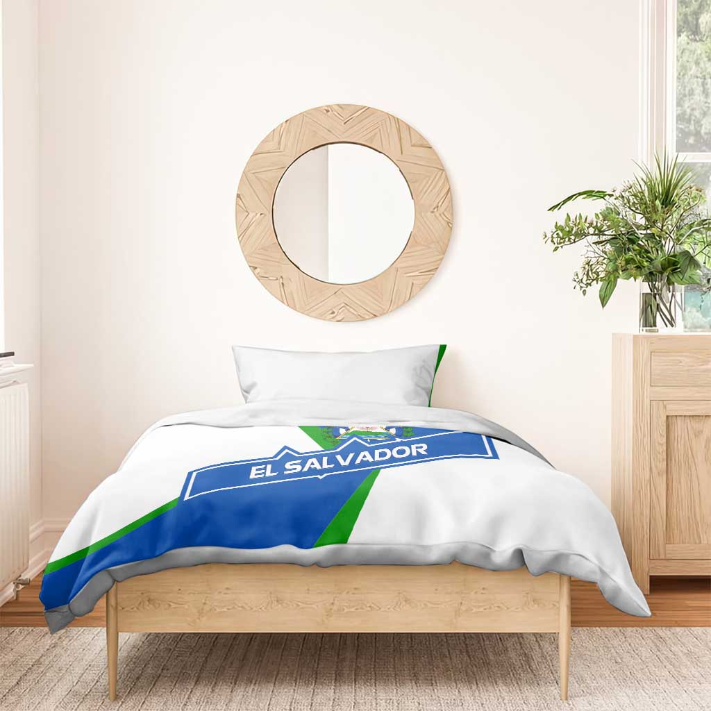 El Salvador Flag Crest Bedding Set with Blue Green Stripes and Bold Letter Design - Wonder Print Shop