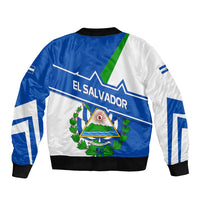 El Salvador Flag Crest Bomber Jacket with Blue Green Stripes and Bold Letter Design - Wonder Print Shop