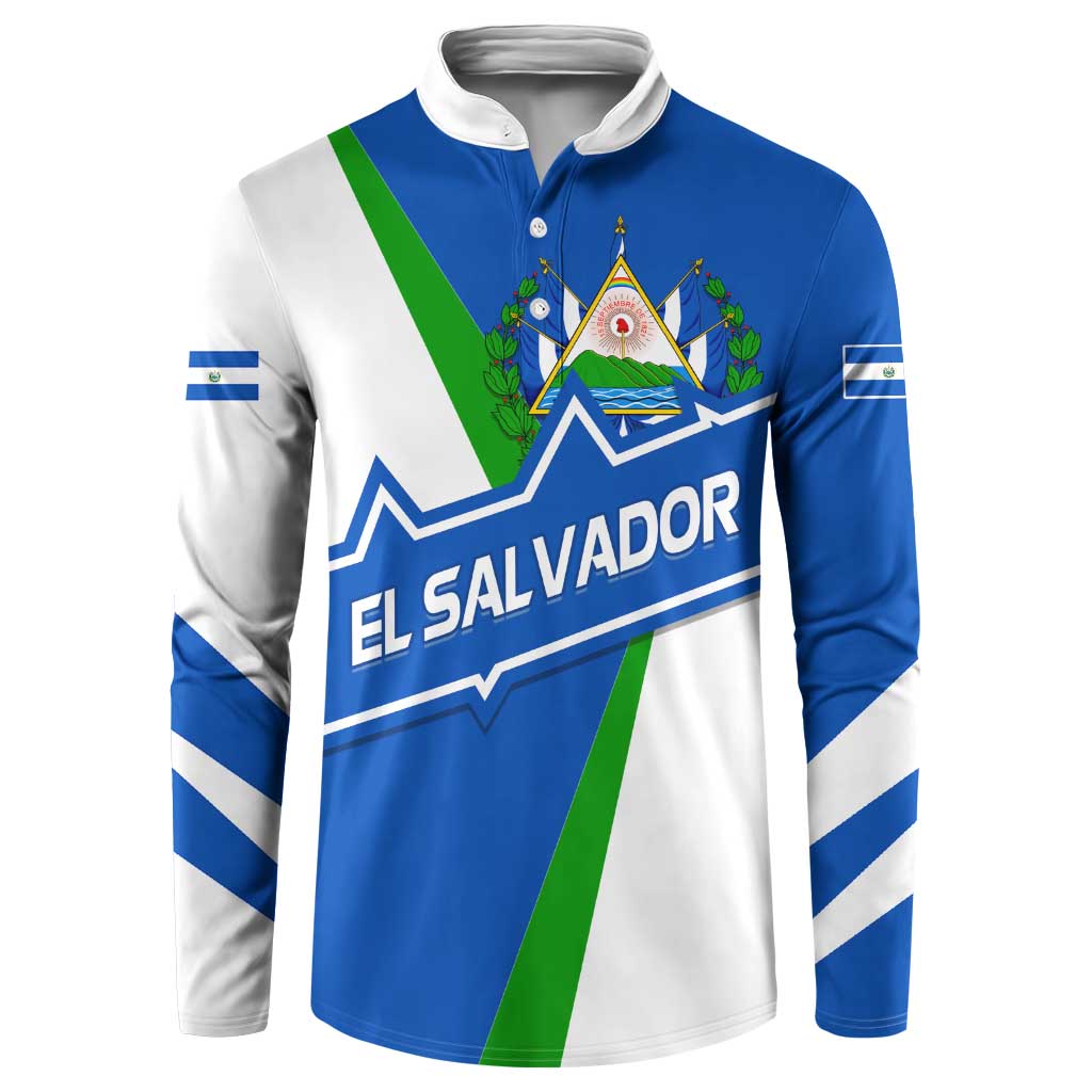 El Salvador Flag Crest Button Sweatshirt with Blue Green Stripes and Bold Letter Design - Wonder Print Shop