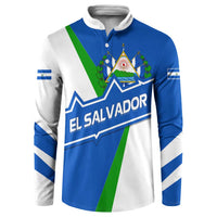 El Salvador Flag Crest Button Sweatshirt with Blue Green Stripes and Bold Letter Design - Wonder Print Shop