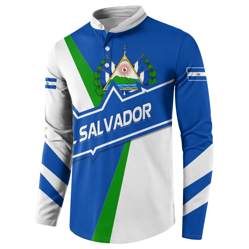 El Salvador Flag Crest Button Sweatshirt with Blue Green Stripes and Bold Letter Design - Wonder Print Shop