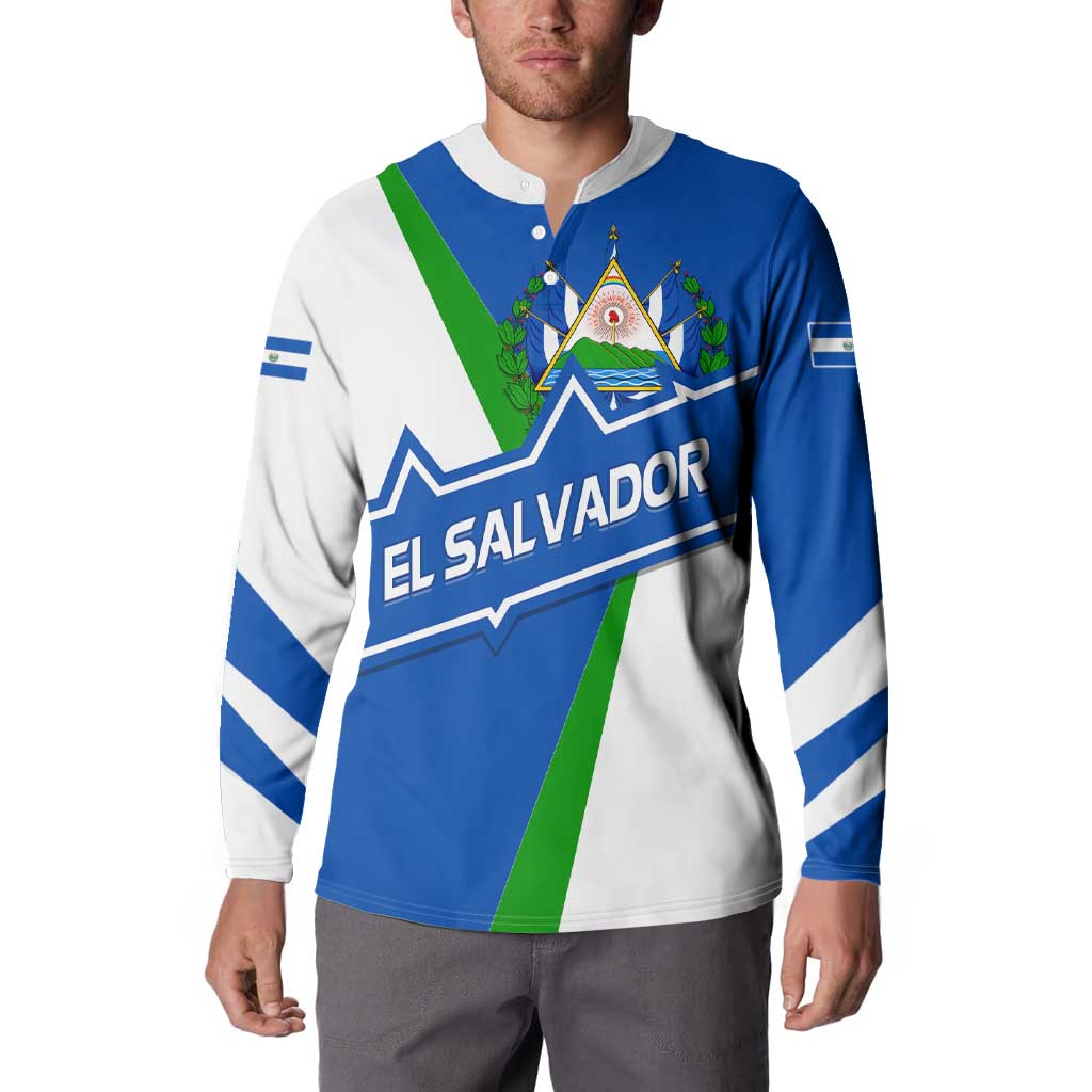 El Salvador Flag Crest Button Sweatshirt with Blue Green Stripes and Bold Letter Design - Wonder Print Shop