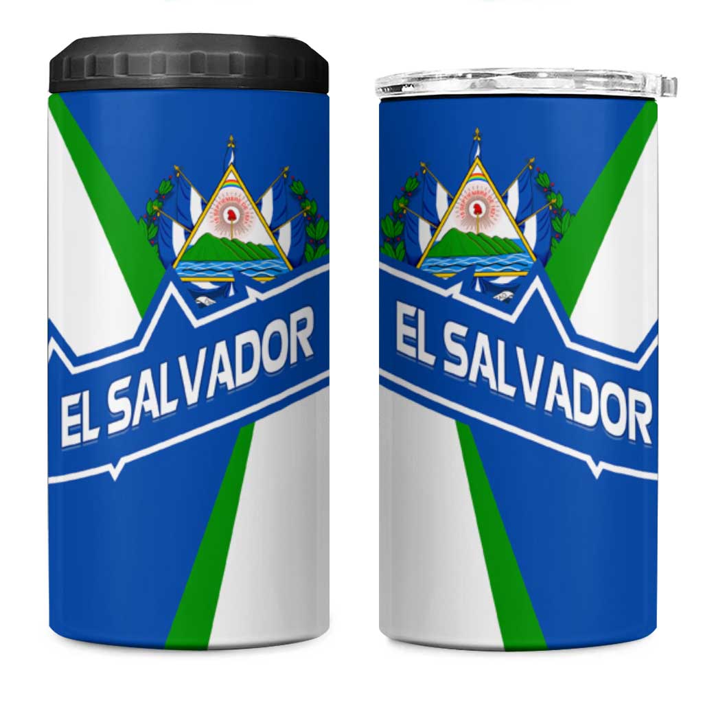 El Salvador Flag Crest 4 in 1 Can Cooler Tumbler with Blue Green Stripes and Bold Letter Design - Wonder Print Shop