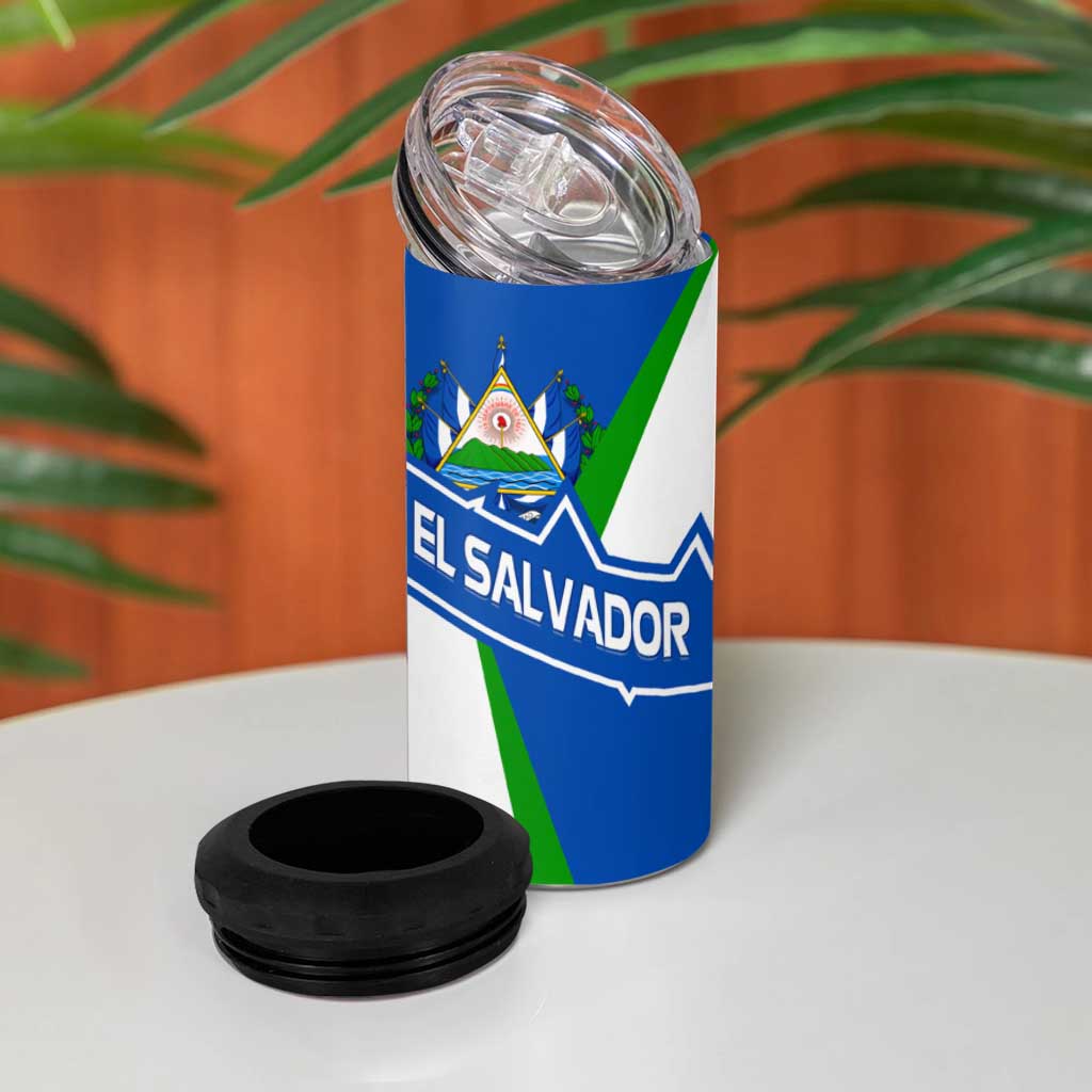 El Salvador Flag Crest 4 in 1 Can Cooler Tumbler with Blue Green Stripes and Bold Letter Design - Wonder Print Shop
