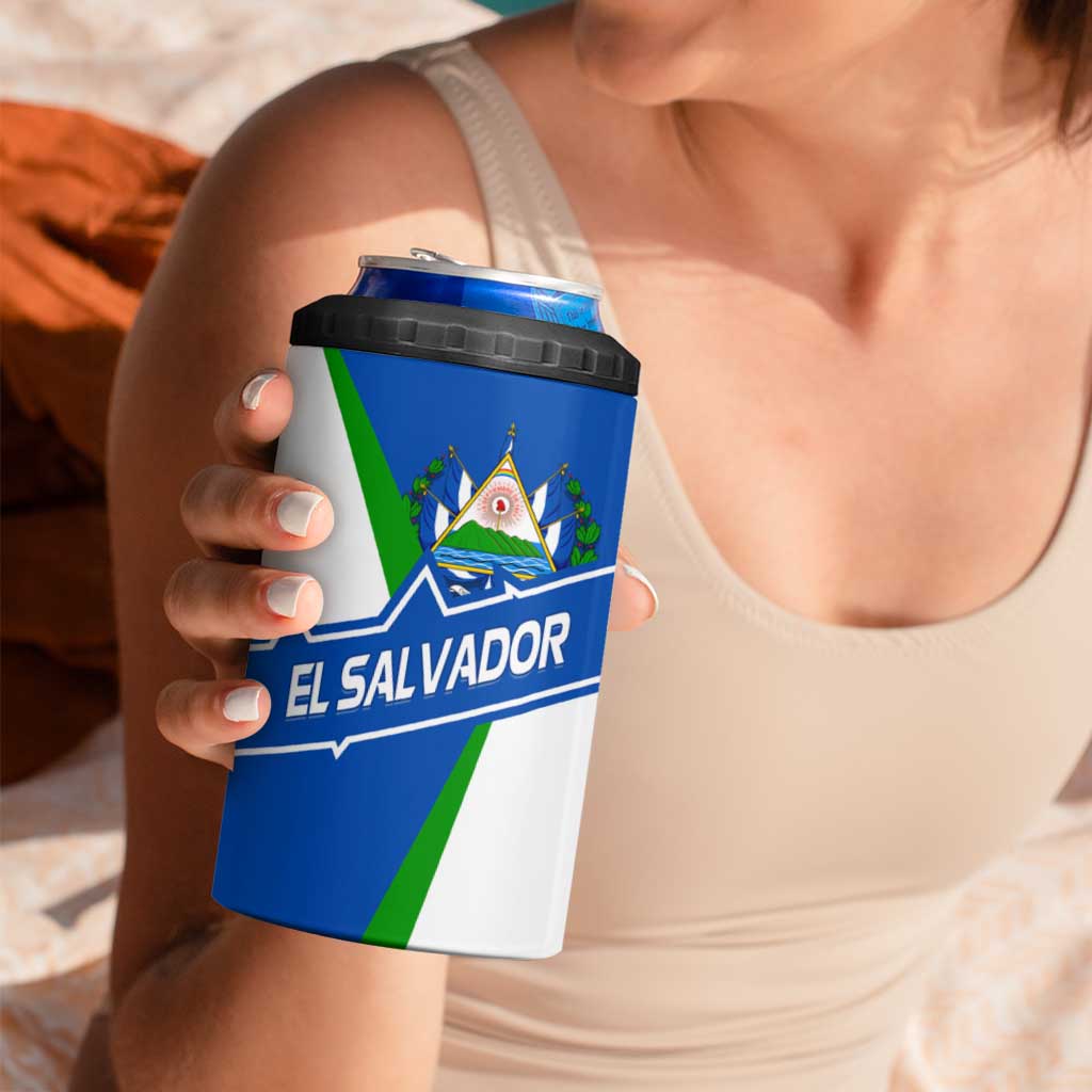 El Salvador Flag Crest 4 in 1 Can Cooler Tumbler with Blue Green Stripes and Bold Letter Design - Wonder Print Shop