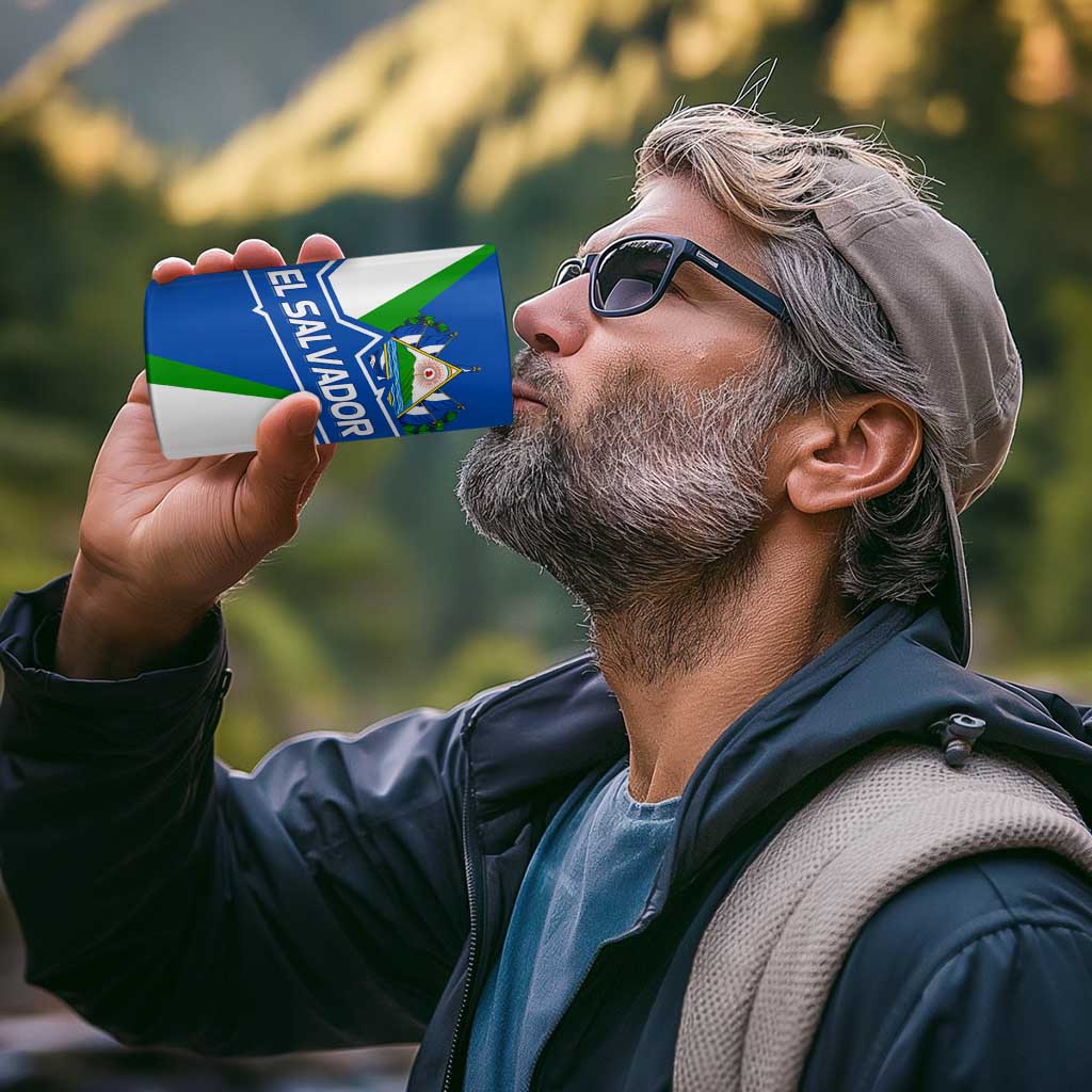 El Salvador Flag Crest 4 in 1 Can Cooler Tumbler with Blue Green Stripes and Bold Letter Design - Wonder Print Shop