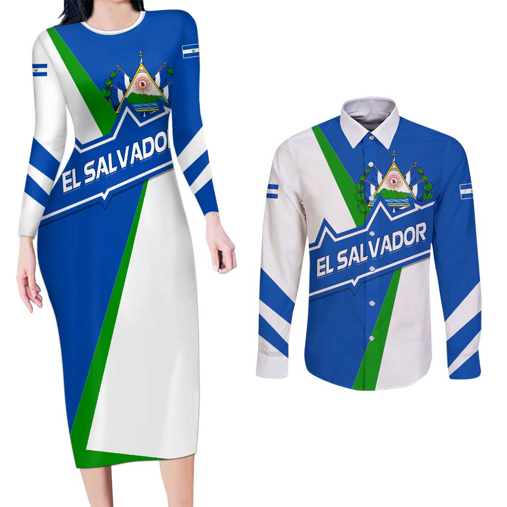El Salvador Flag Crest Couples Matching Long Sleeve Bodycon Dress and Long Sleeve Button Shirt with Blue Green Stripes and Bold Letter Design - Wonder Print Shop