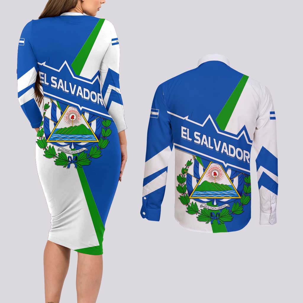 El Salvador Flag Crest Couples Matching Long Sleeve Bodycon Dress and Long Sleeve Button Shirt with Blue Green Stripes and Bold Letter Design - Wonder Print Shop