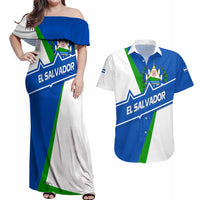 El Salvador Flag Crest Couples Matching Off Shoulder Maxi Dress and Hawaiian Shirt with Blue Green Stripes and Bold Letter Design - Wonder Print Shop