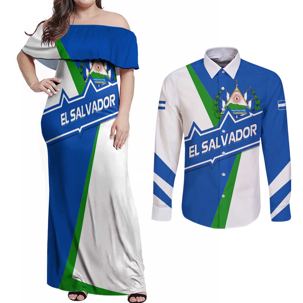 El Salvador Flag Crest Couples Matching Off Shoulder Maxi Dress and Long Sleeve Button Shirt with Blue Green Stripes and Bold Letter Design - Wonder Print Shop
