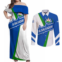El Salvador Flag Crest Couples Matching Off Shoulder Maxi Dress and Long Sleeve Button Shirt with Blue Green Stripes and Bold Letter Design - Wonder Print Shop