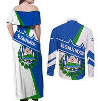 El Salvador Flag Crest Couples Matching Off Shoulder Maxi Dress and Long Sleeve Button Shirt with Blue Green Stripes and Bold Letter Design - Wonder Print Shop