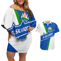 El Salvador Flag Crest Couples Matching Off Shoulder Short Dress and Hawaiian Shirt with Blue Green Stripes and Bold Letter Design - Wonder Print Shop