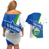 El Salvador Flag Crest Couples Matching Off Shoulder Short Dress and Hawaiian Shirt with Blue Green Stripes and Bold Letter Design - Wonder Print Shop