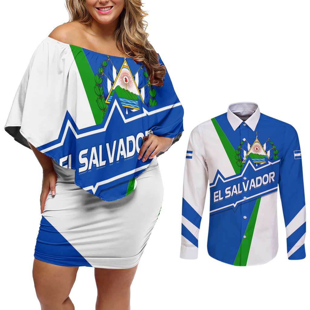 El Salvador Flag Crest Couples Matching Off Shoulder Short Dress and Long Sleeve Button Shirt with Blue Green Stripes and Bold Letter Design - Wonder Print Shop