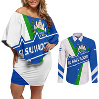 El Salvador Flag Crest Couples Matching Off Shoulder Short Dress and Long Sleeve Button Shirt with Blue Green Stripes and Bold Letter Design - Wonder Print Shop