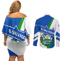 El Salvador Flag Crest Couples Matching Off Shoulder Short Dress and Long Sleeve Button Shirt with Blue Green Stripes and Bold Letter Design - Wonder Print Shop
