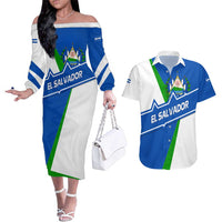 El Salvador Flag Crest Couples Matching Off The Shoulder Long Sleeve Dress and Hawaiian Shirt with Blue Green Stripes and Bold Letter Design - Wonder Print Shop