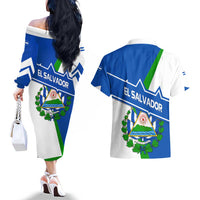 El Salvador Flag Crest Couples Matching Off The Shoulder Long Sleeve Dress and Hawaiian Shirt with Blue Green Stripes and Bold Letter Design - Wonder Print Shop