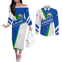 El Salvador Flag Crest Couples Matching Off The Shoulder Long Sleeve Dress and Long Sleeve Button Shirt with Blue Green Stripes and Bold Letter Design - Wonder Print Shop