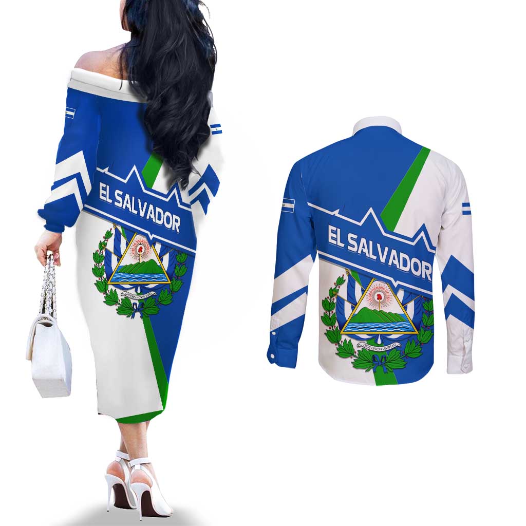 El Salvador Flag Crest Couples Matching Off The Shoulder Long Sleeve Dress and Long Sleeve Button Shirt with Blue Green Stripes and Bold Letter Design - Wonder Print Shop