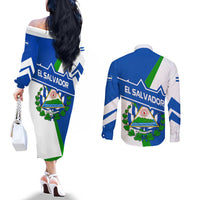 El Salvador Flag Crest Couples Matching Off The Shoulder Long Sleeve Dress and Long Sleeve Button Shirt with Blue Green Stripes and Bold Letter Design - Wonder Print Shop