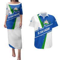 El Salvador Flag Crest Couples Matching Puletasi and Hawaiian Shirt with Blue Green Stripes and Bold Letter Design - Wonder Print Shop