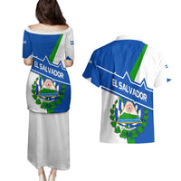 El Salvador Flag Crest Couples Matching Puletasi and Hawaiian Shirt with Blue Green Stripes and Bold Letter Design - Wonder Print Shop