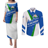El Salvador Flag Crest Couples Matching Puletasi and Long Sleeve Button Shirt with Blue Green Stripes and Bold Letter Design - Wonder Print Shop