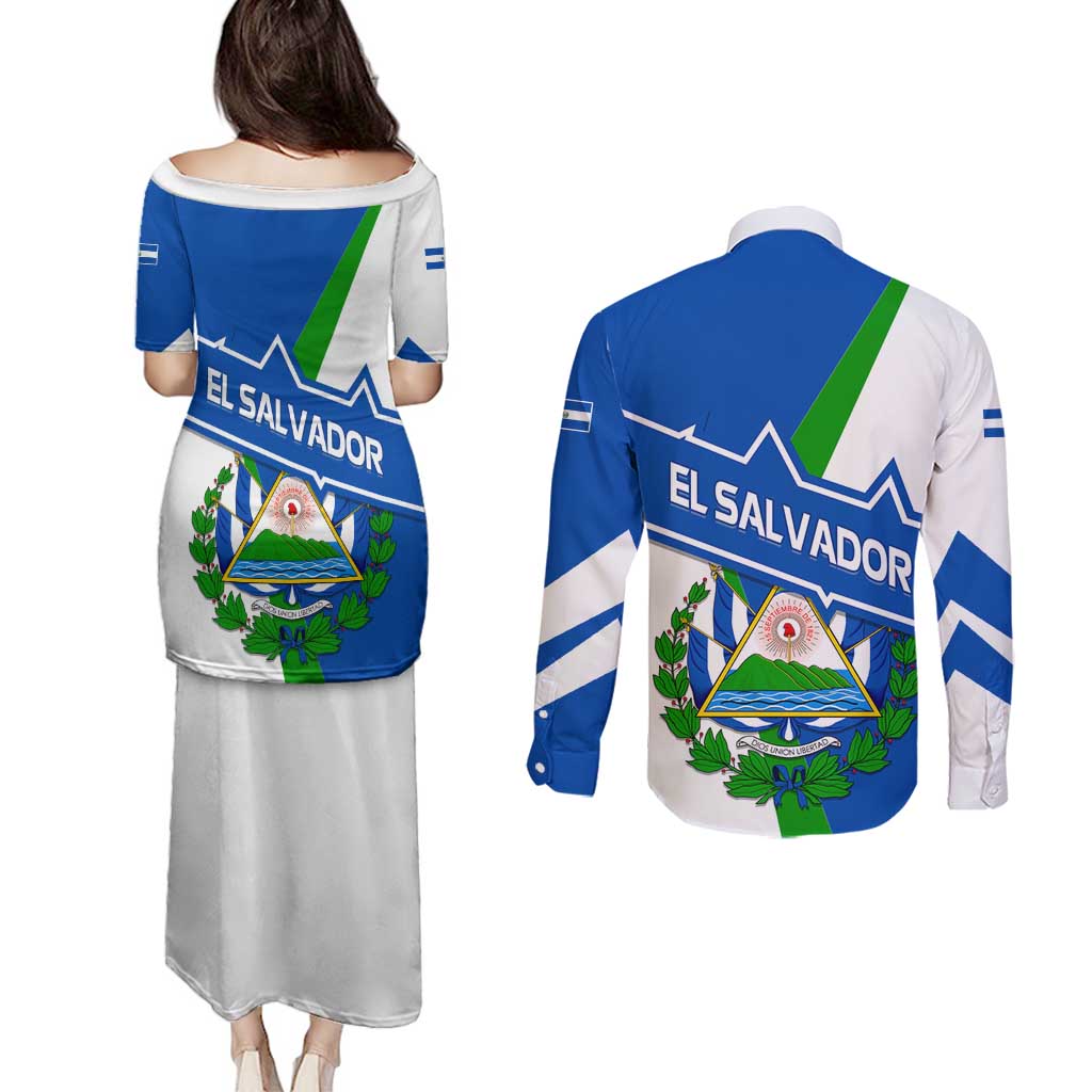 El Salvador Flag Crest Couples Matching Puletasi and Long Sleeve Button Shirt with Blue Green Stripes and Bold Letter Design - Wonder Print Shop