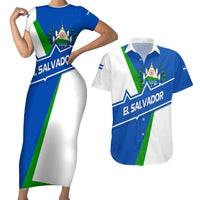 El Salvador Flag Crest Couples Matching Short Sleeve Bodycon Dress and Hawaiian Shirt with Blue Green Stripes and Bold Letter Design - Wonder Print Shop