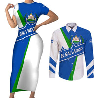 El Salvador Flag Crest Couples Matching Short Sleeve Bodycon Dress and Long Sleeve Button Shirt with Blue Green Stripes and Bold Letter Design - Wonder Print Shop